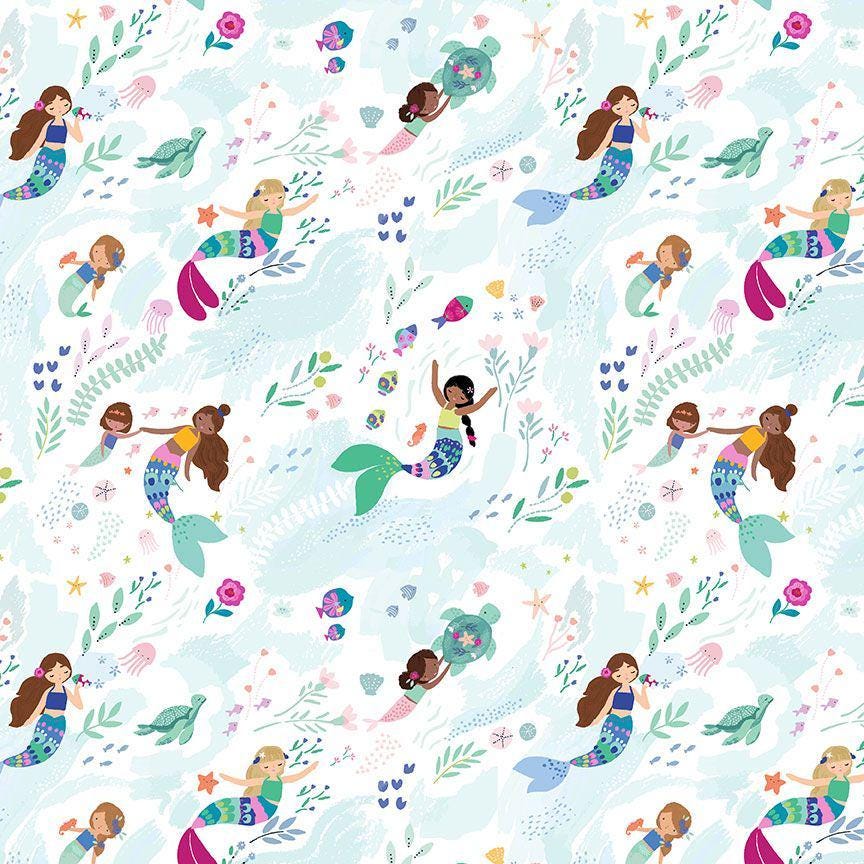 Free Flow Fabric - 100% Cotton Ocean/Sea Creatures/Mermaid Print by Dear Stella - White Backdrop - Fabric By The Yard