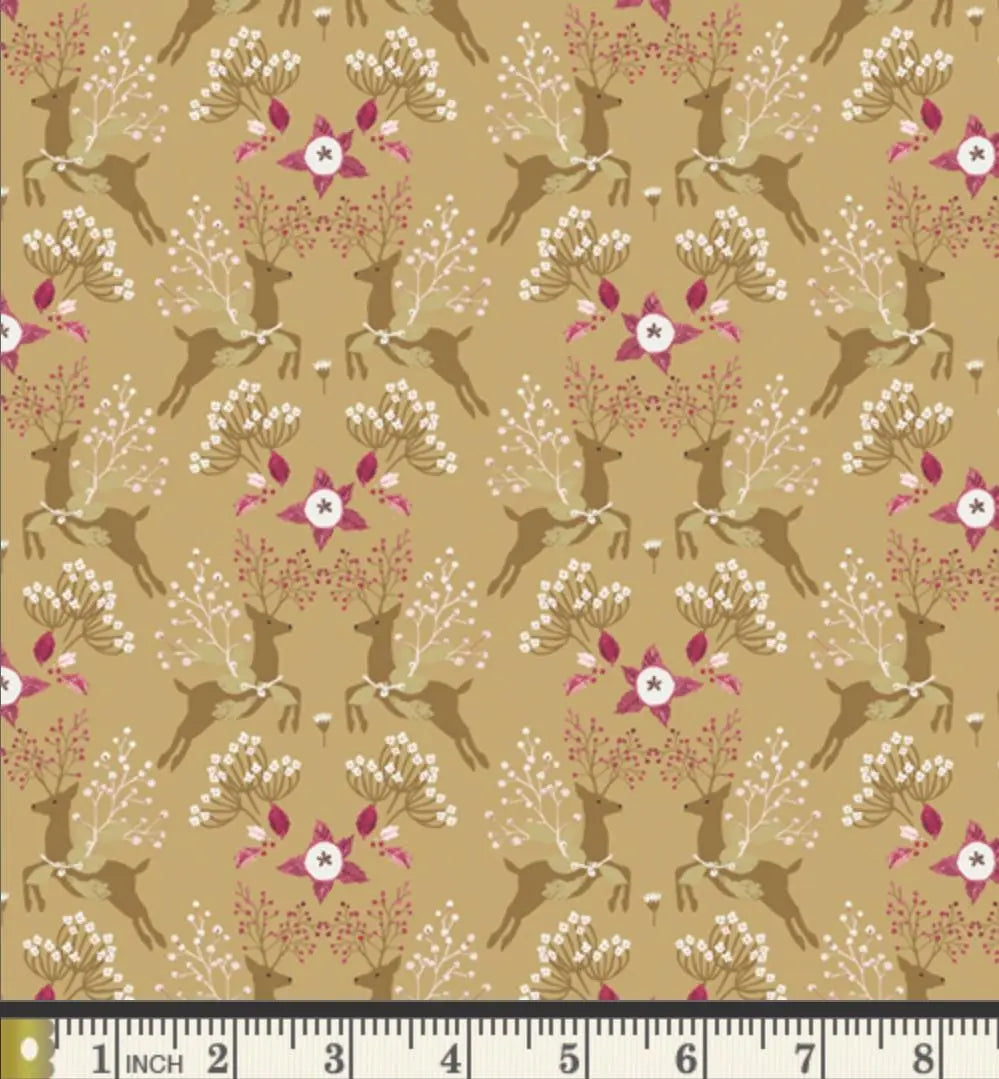 Fawns & Flowers Gold Metallic – Premium Cotton by the Yard – ADVENTALE Collection by Katarina Roccella – Art Gallery Fabrics, Holiday Print