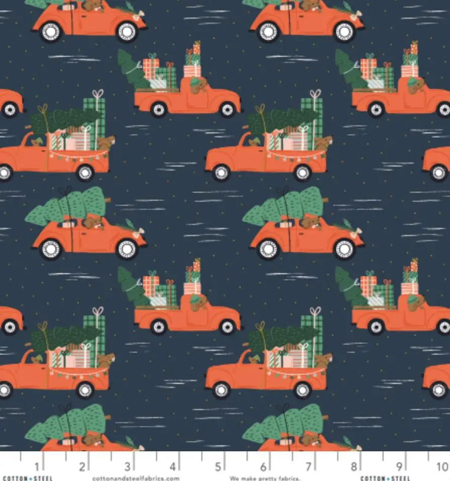 Holiday Haulin' Hounds – Midnight Metallic Fabric by Dominika Godette – Merry Pawmas Collection – Christmas Cotton Fabric by the Yard