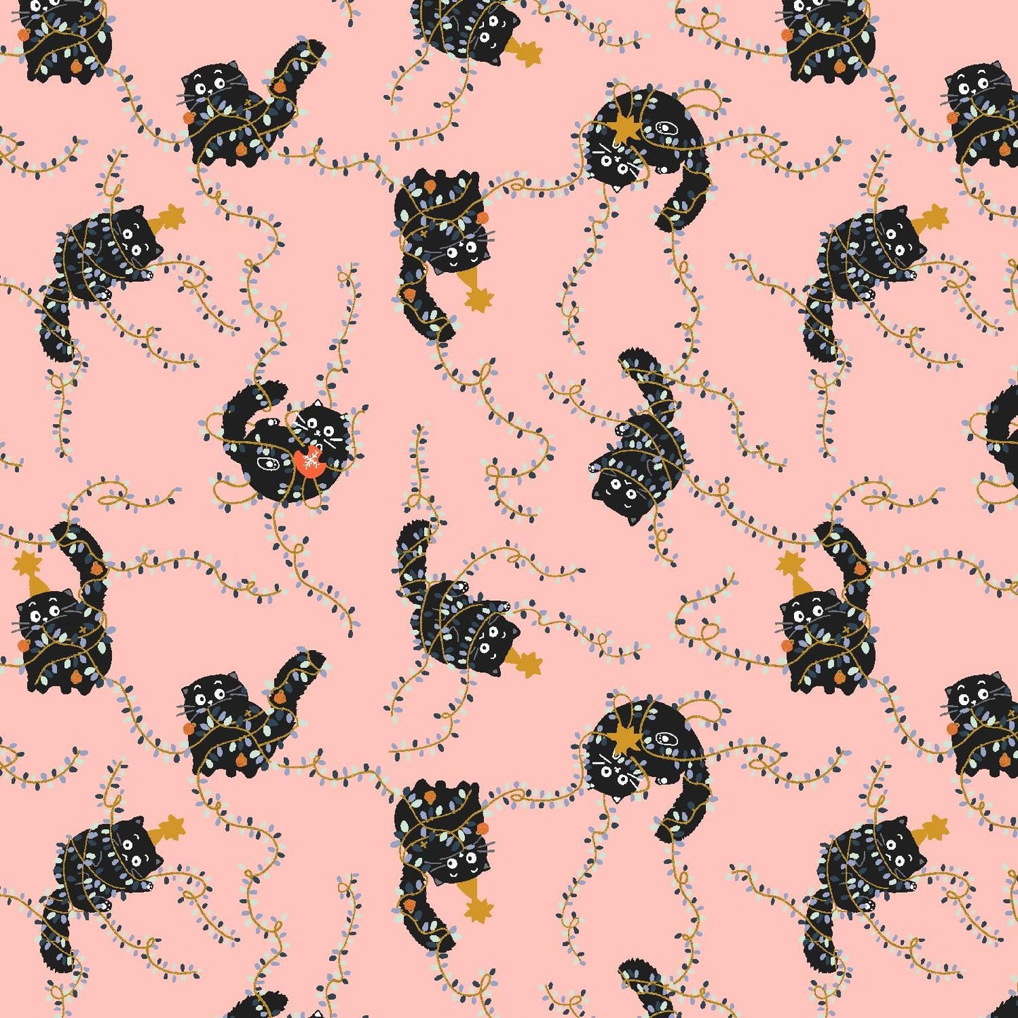 Catmas Tangle - Cat's Meow Metallic Fabric by Callie And Co – 'Twas The Night Before Catmas Collection – Christmas Cotton Fabric by the Yard