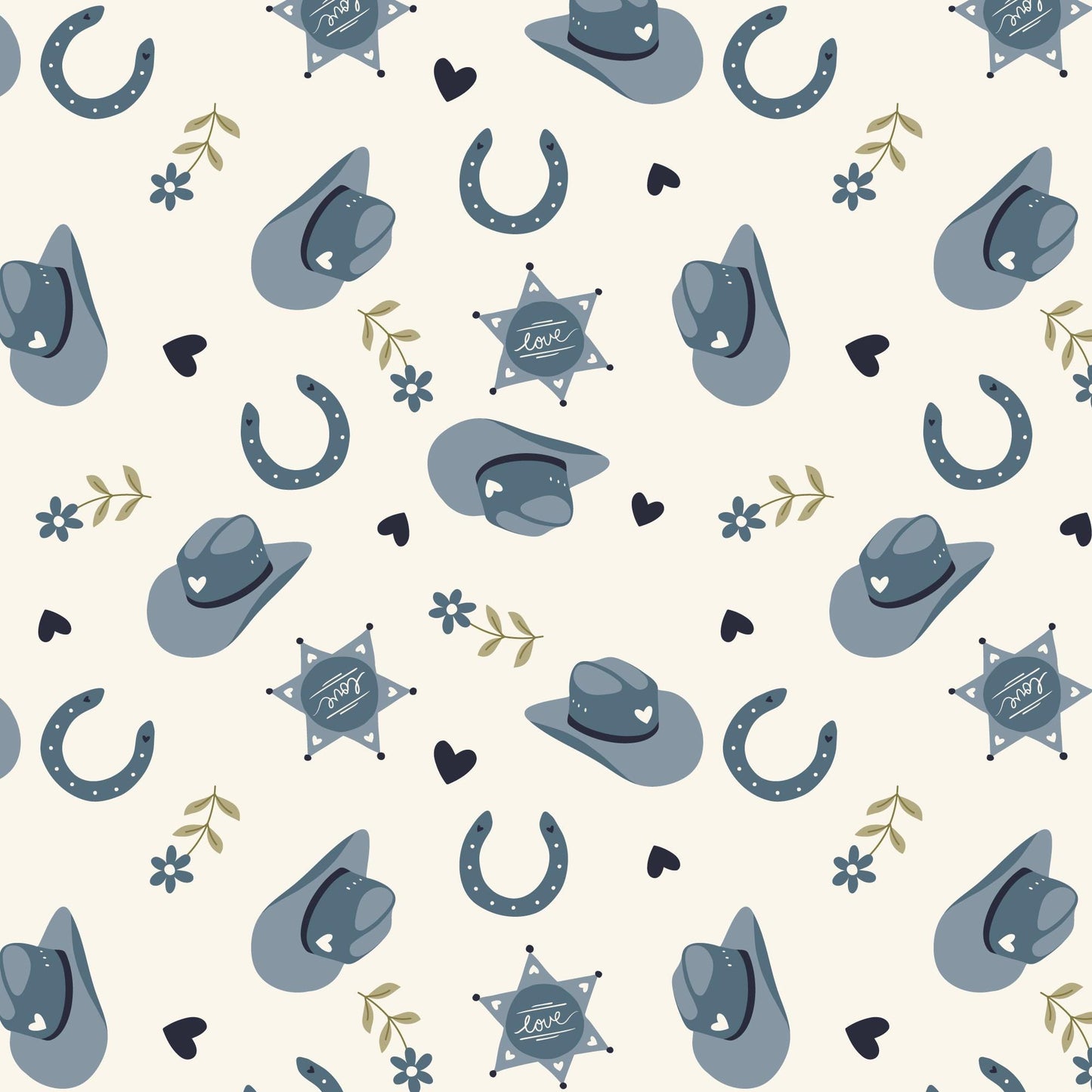 Rodeo Romance In Blue, Fabric by the Yard, 100% Organic Cotton, By Cloud9 Fabrics, Petals and Pony Luck Collection, Cowboy Print