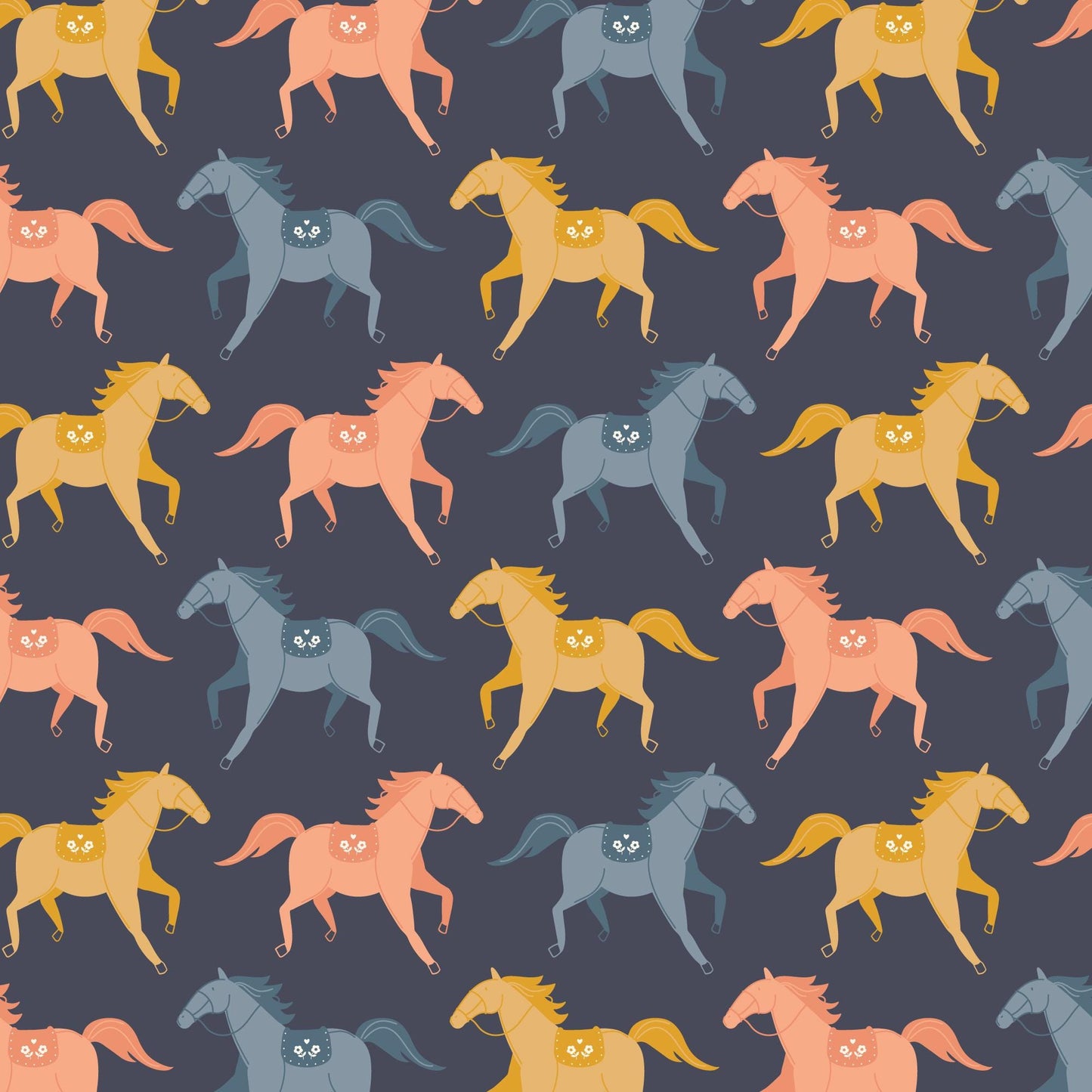 Canter, Fabric by the Yard, 100% Organic Cotton, By Cloud9 Fabrics, Petals and Pony Luck Collection, Horse Cowboy Print In Navy