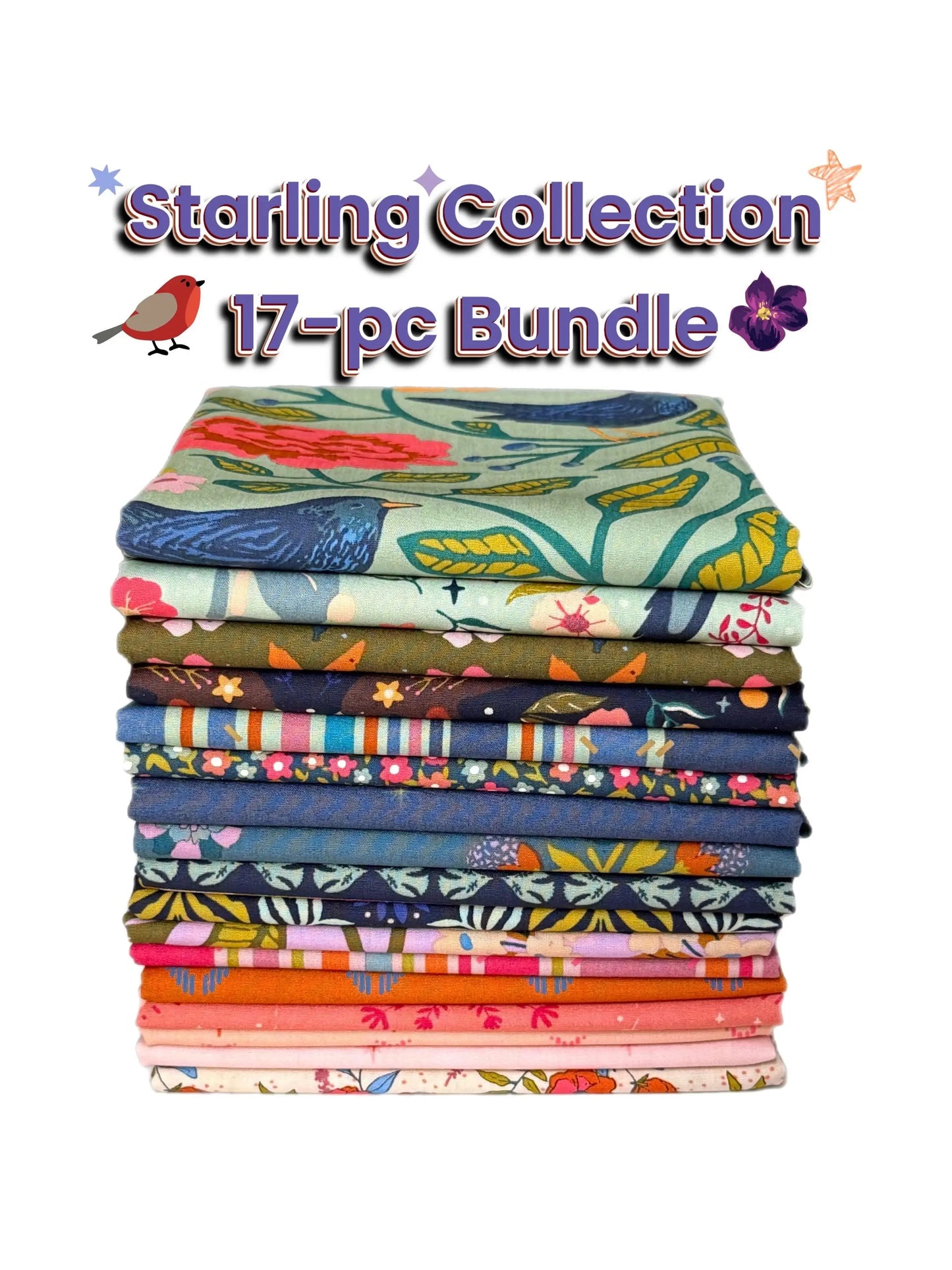 Starling Fabric Bundle – 17 Pc Quilting Cotton by Maureen Cracknell for Art Gallery Fabrics | Half Yard, Fat Quarter, Quarter Yard