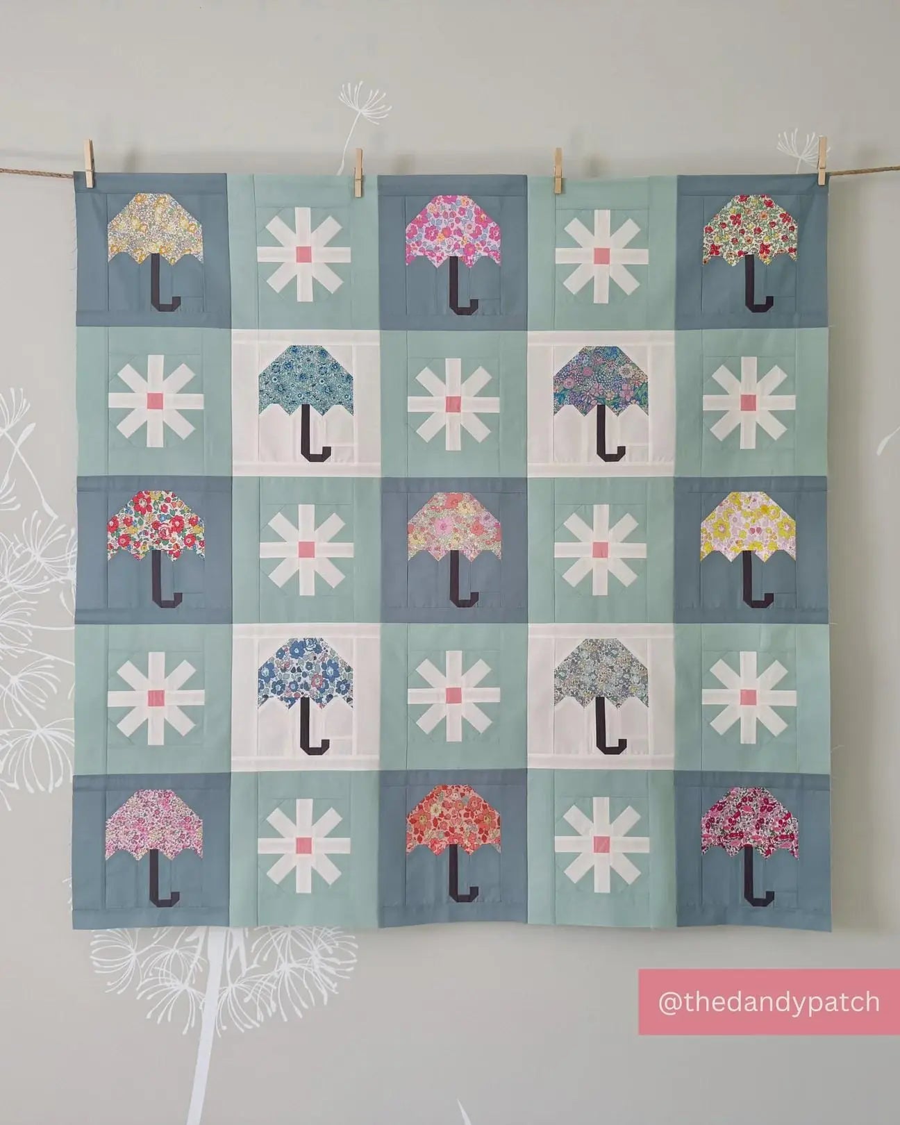 Printed Pattern for Quilt with Umbrella and Flower Blocks - Chance Of Rain - Traditional Piecing Pattern by Pen + Paper Patterns