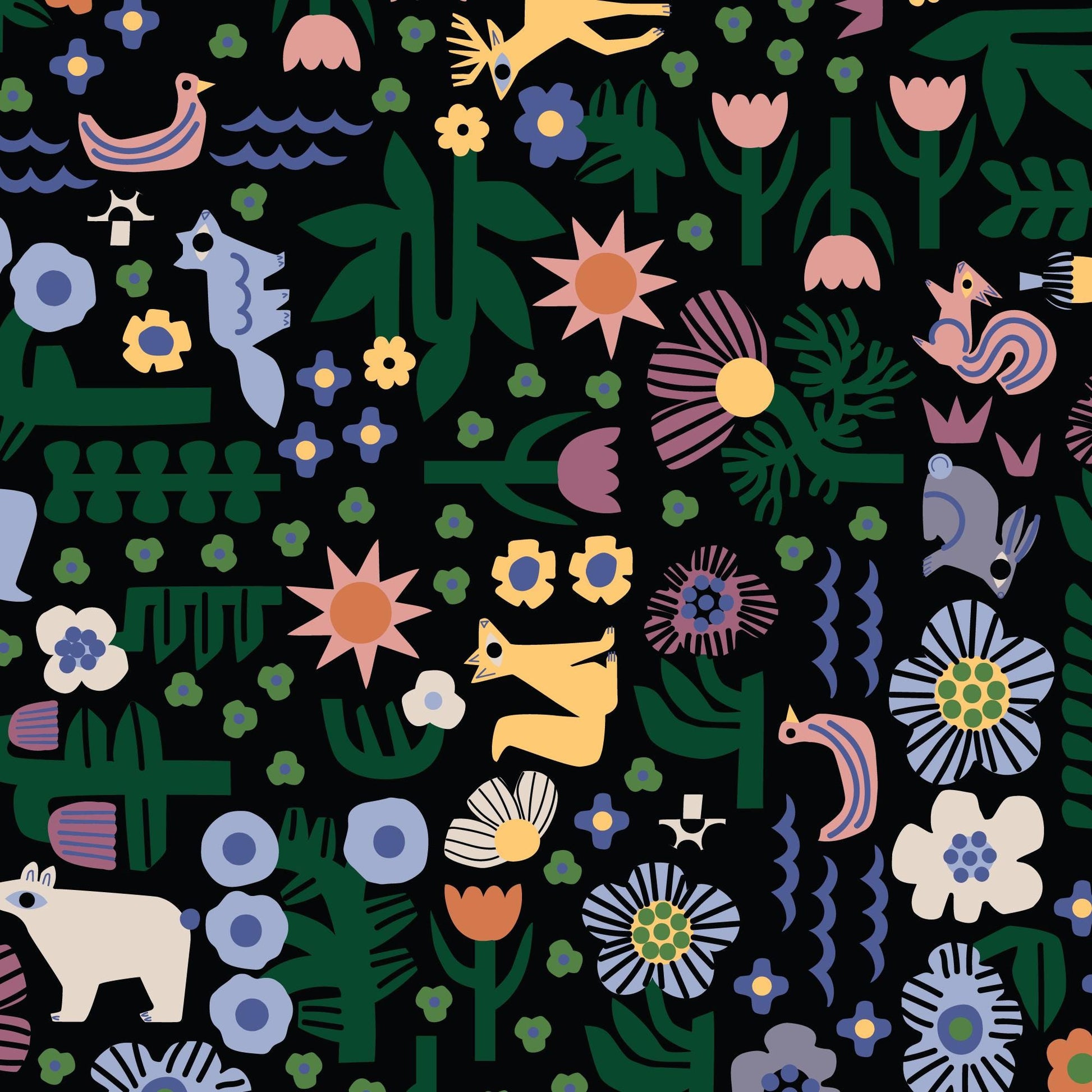 Nightdreams, Fabric by the Yard, 100% Organic Cotton, By Leah Duncan for Cloud9 Fabrics, Fern Grove Collection, Animal Forest Print