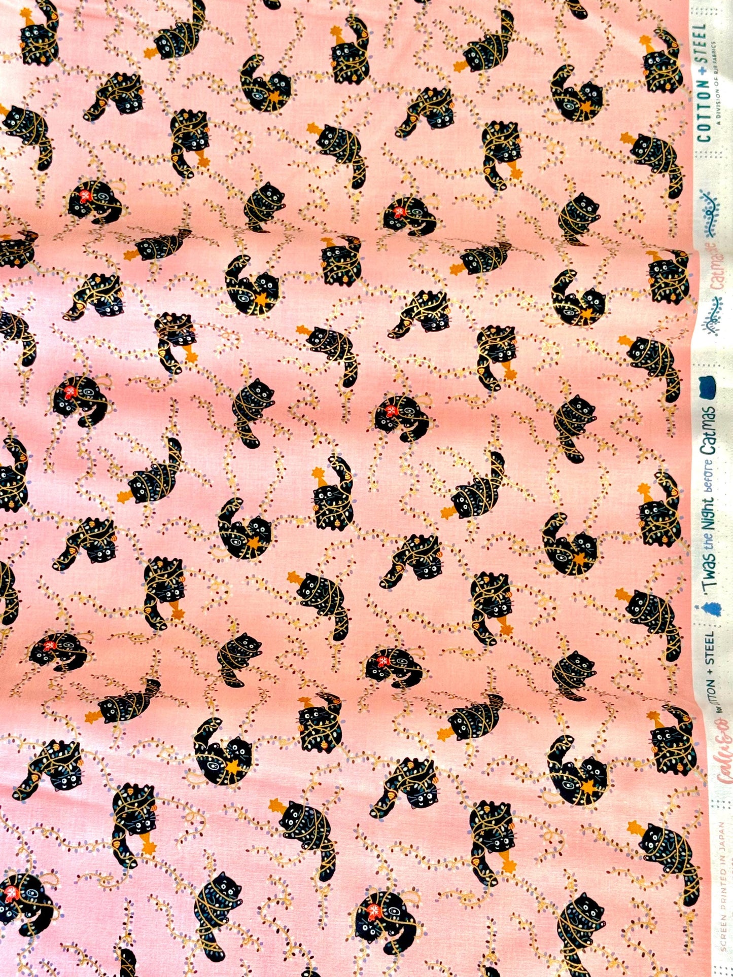 Catmas Tangle - Cat's Meow Metallic Fabric by Callie And Co – 'Twas The Night Before Catmas Collection – Christmas Cotton Fabric by the Yard