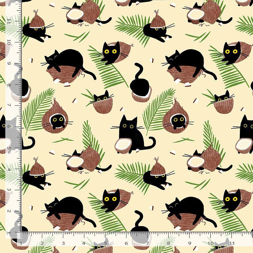 Cococats | 100% Cotton Fabric | Designed by Leezaworks for Dear Stella, Black Cats and Coconuts