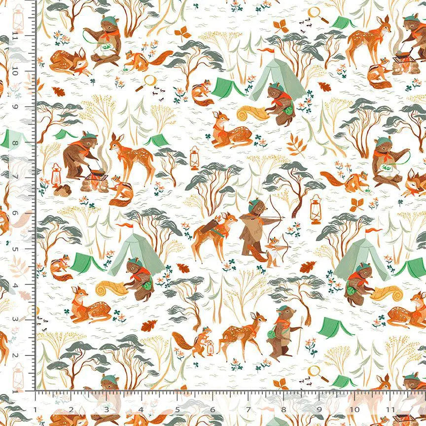 Camping Crew – White | Rae Ritchie for Dear Stella | Digital Cotton Fabric | DRR3306 | 44/45” Cotton | Yard, Half Yard, Quarter Yard