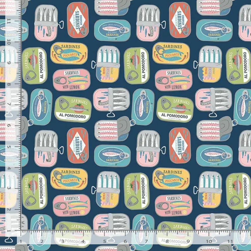 Partners in Brine Fabric Iris | Sardine Tin Cotton Fabric | Dear Stella Wanderlust | Novelty Food Quilting Fabric by the Yard