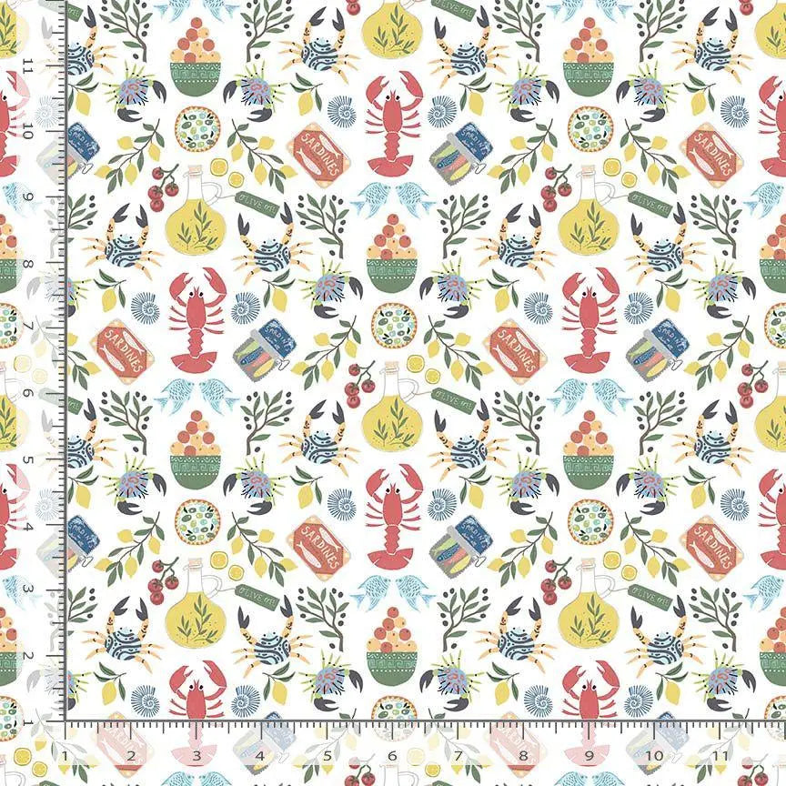 Olive You Fabric β White | Wanderlust by Dear Stella | Lobster Sardines Olive Oil Cotton Quilting Fabric