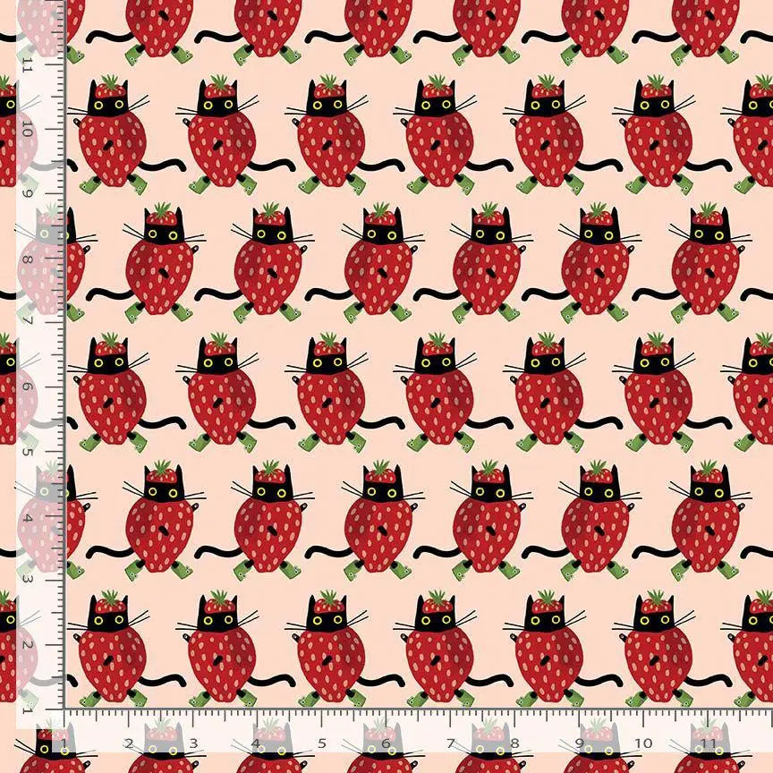 Berry Nice Blush Cotton Fabric | Dear Stella Cat Fabric | Strawberry Cat Quilt Fabric | Furruit Platter | LEEZAWORKS
