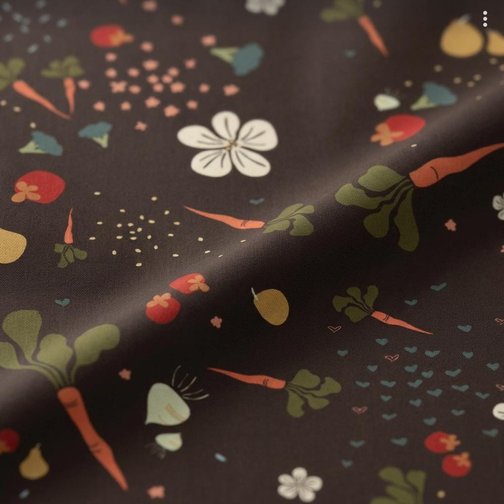 Market Medley Fabric Brown Farm Print | Summer Homestead by Sewcial Bee Collective | Art Gallery Fabrics Vegetable Floral Cotton Fabric
