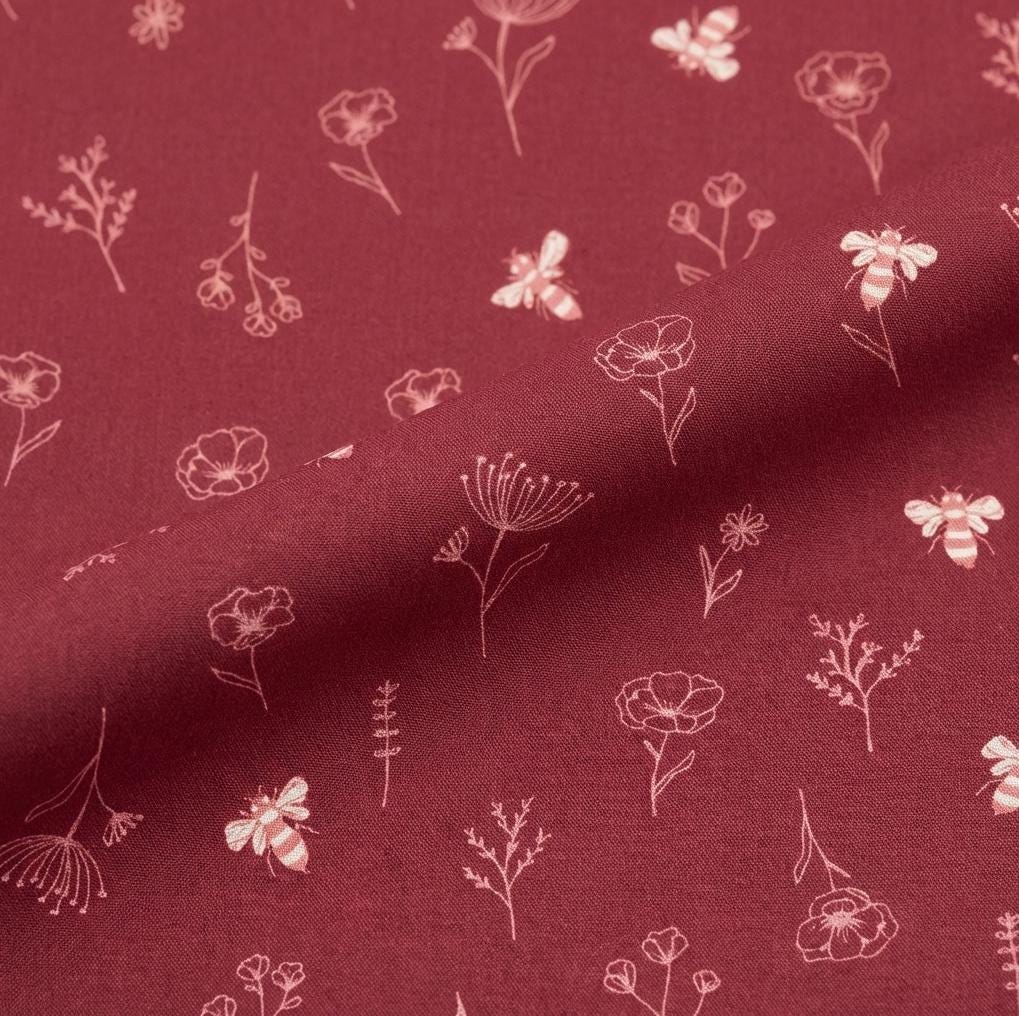 Pollinator Patch Fabric Red Floral Bee Print | Summer Homestead by Sewcial Bee Collective | Art Gallery Fabrics Cotton Fabric