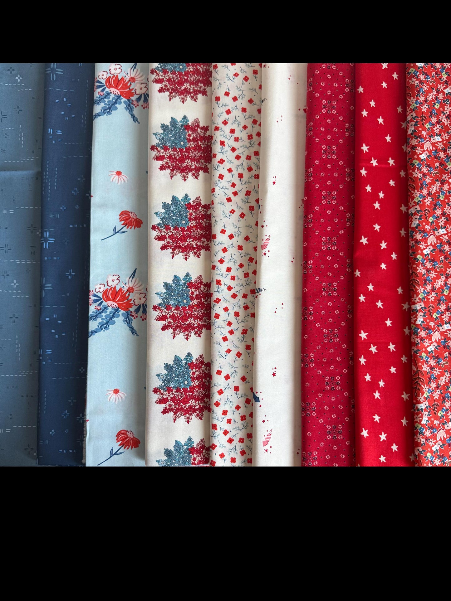 Americana Blooms Fabric Bundle | 9 Piece Fat Quarter Bundle | Red White Blue Floral Quilt Fabric | Patriotic Coordinates Bundle