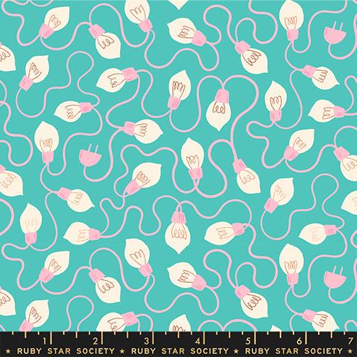 Merry Happy Metallic Iceberg Fabric by Kimberly Kight for Ruby Star Society | Metallic Christmas Lights Fabric | Aqua Holiday Cotton