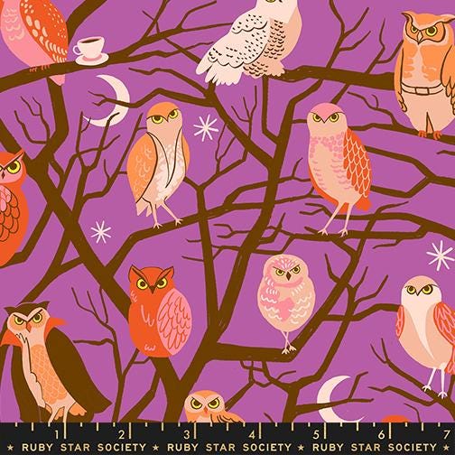 Freaky Familiars Witchy Owls Fabric, Ruby Star Society RS5190 11, Halloween Owl Fabric, Purple Quilting Cotton