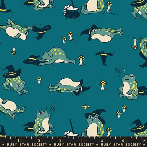 Freaky Familiars Storytime Frog Fabric, Ruby Star Society RS5192 13, Halloween Frog Fabric, Teal Quilting Cotton