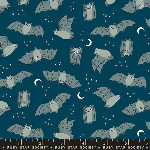 Freaky Familiars Galaxy Bat Fabric, Ruby Star Society RS5194 14, Halloween Bat Fabric, Dark Green Quilting Cotton