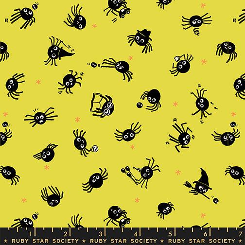 Freaky Familiars Citron Spider Fabric, Ruby Star Society RS5191 12, Halloween Spider Fabric, Yellow Quilting Cotton