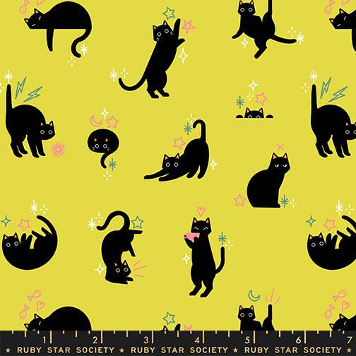 Freaky Familiars Citron Cat Fabric, Ruby Star Society RS5193 11, Halloween Black Cat Fabric, Yellow Quilting Cotton