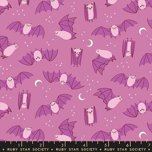 Freaky Familiars Heliotrope Bat Fabric, Ruby Star Society RS5194 13, Halloween Bat Fabric, Lavender Quilting Cotton