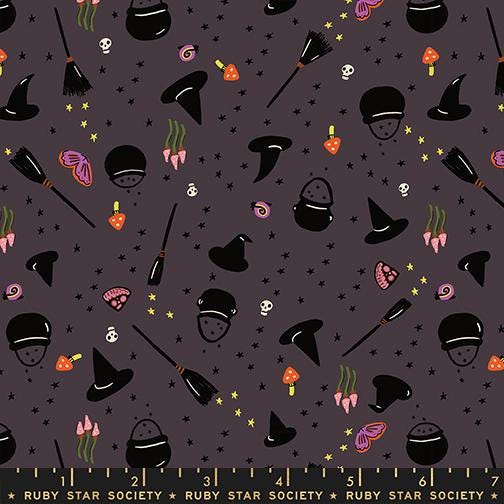 Freaky Familiars Eggplant Witch Fabric, Ruby Star Society RS5195 16, Halloween Witch Hat Fabric, Dark Brown Quilting Cotton