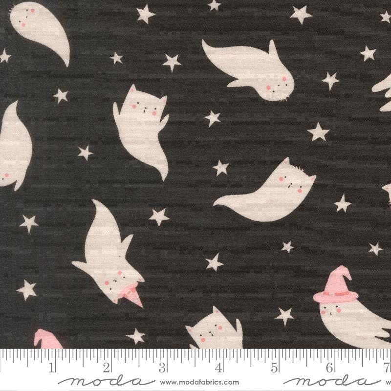 Purrs and Boos Black Cat Ghost Fabric, Elena Amo Moda 39061 16, Black Halloween Ghosts Cotton Quilt Fabric