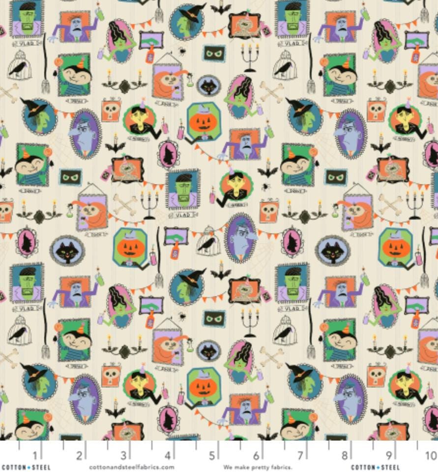 Monster Block Party Fabric by Meadow Street for Cotton + Steel | Portrait Gallery Bone White MA101-BW1 | Halloween Cotton