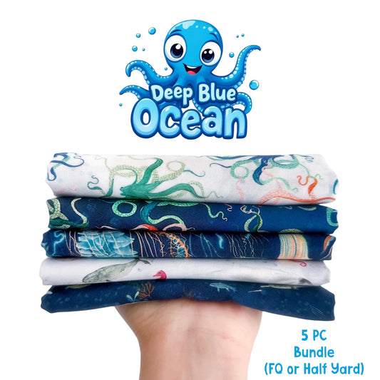 Deep Blue Fabric Bundle, 5-piece Fat Quarter or Half Yard Bundle