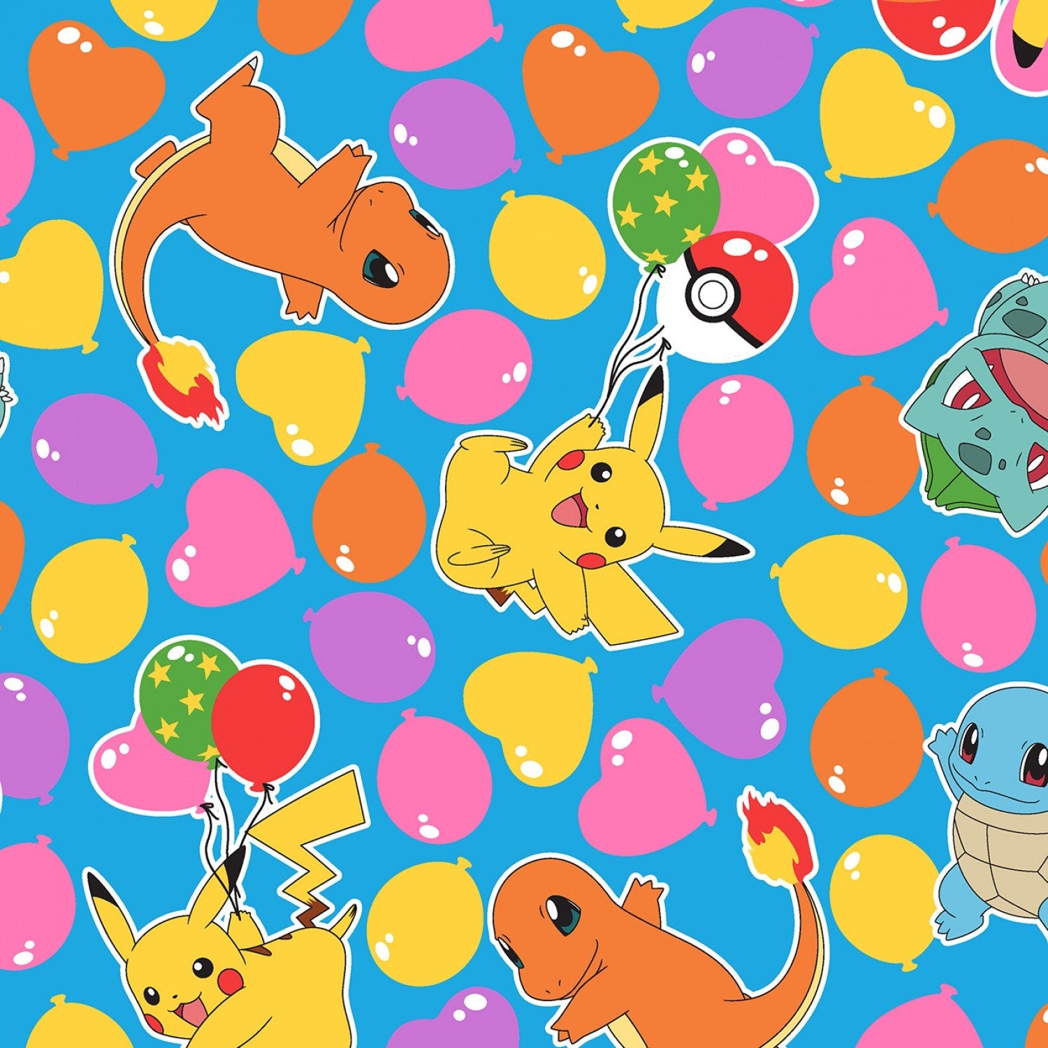 Pikachu Balloons Fabric by the Yard – Vibrant Colorful Pokemon Sky Print for Kids & Crafts