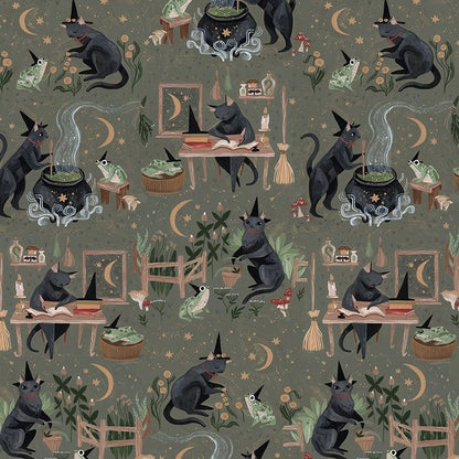 Goblincore - Witch Cat - Dear Stella - Cotton Fabric By The Yard - Animal Print Fabric - Goblincore Collection