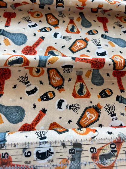Witchy Potion Cat in the Bottle Halloween Fabric By The Yard - Dear Stella Design