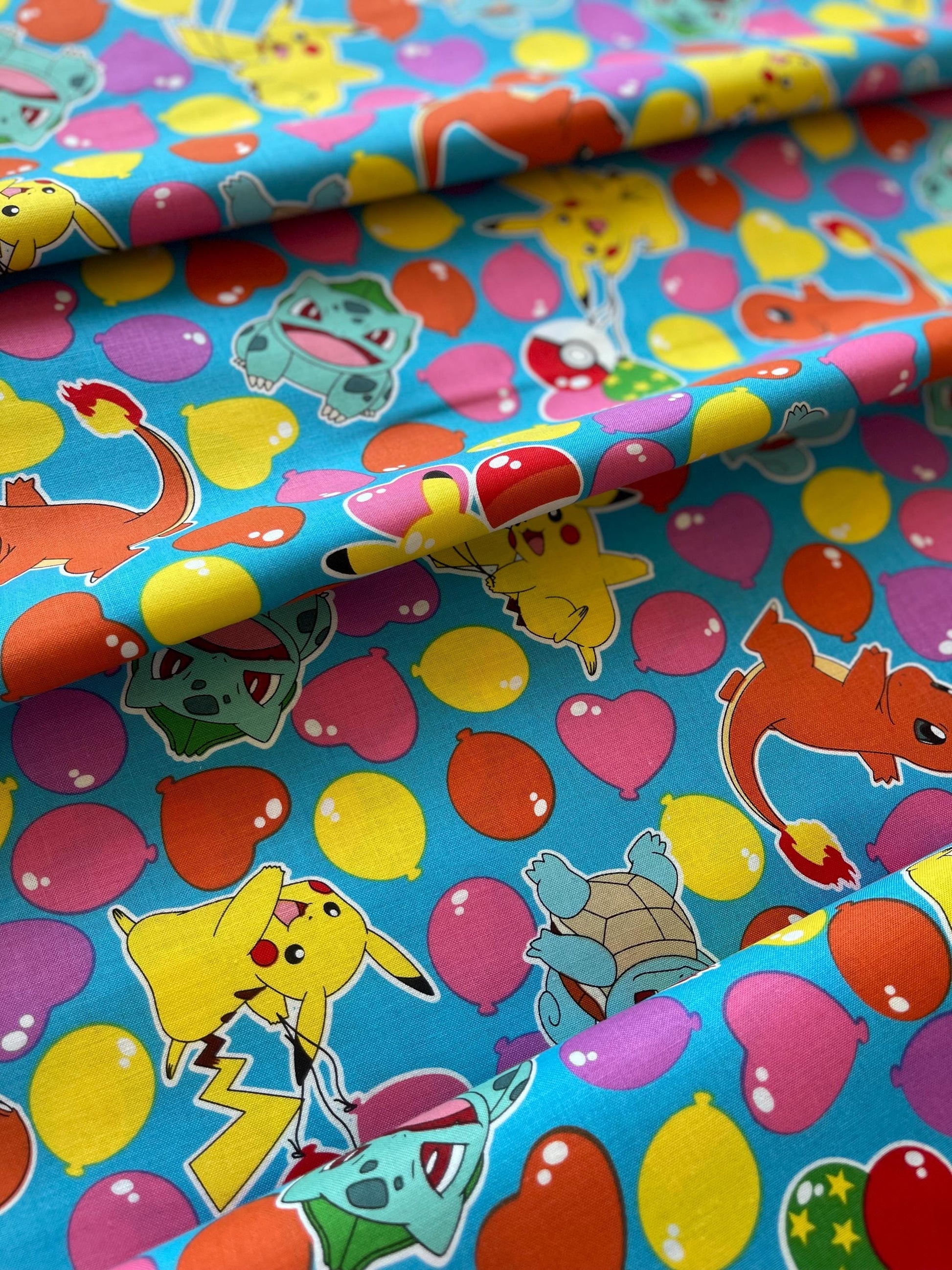 Pikachu Balloons Fabric by the Yard – Vibrant Colorful Pokemon Sky Print for Kids & Crafts
