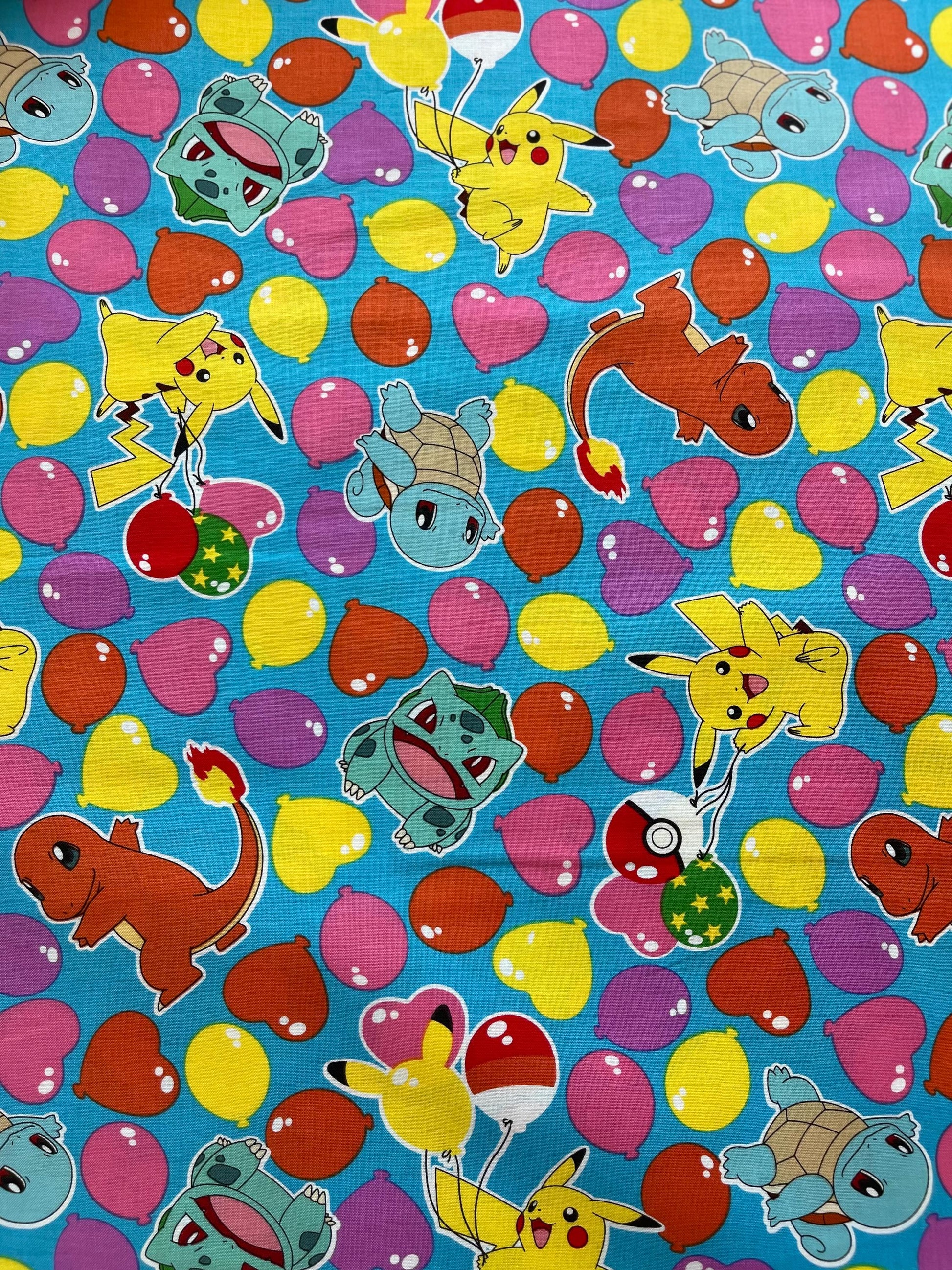 Pikachu Balloons Fabric by the Yard – Vibrant Colorful Pokemon Sky Print for Kids & Crafts