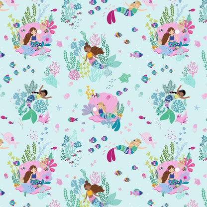 Mermaid For Each Other Fabric - 100% Cotton Ocean/Sea Creatures/Mermaid Print by Dear Stella - Capri/Light Blue Backdrop
