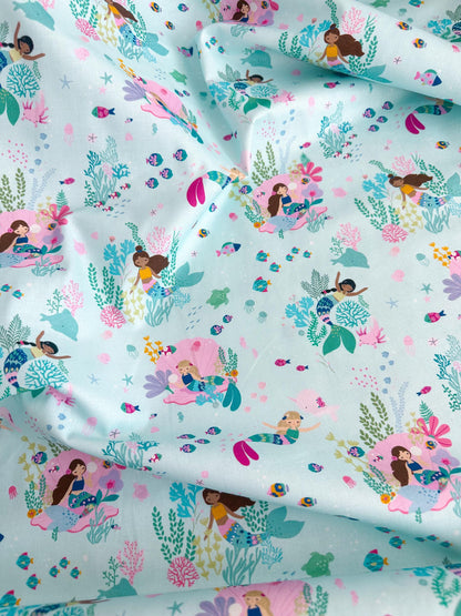 Mermaid For Each Other Fabric - 100% Cotton Ocean/Sea Creatures/Mermaid Print by Dear Stella - Capri/Light Blue Backdrop