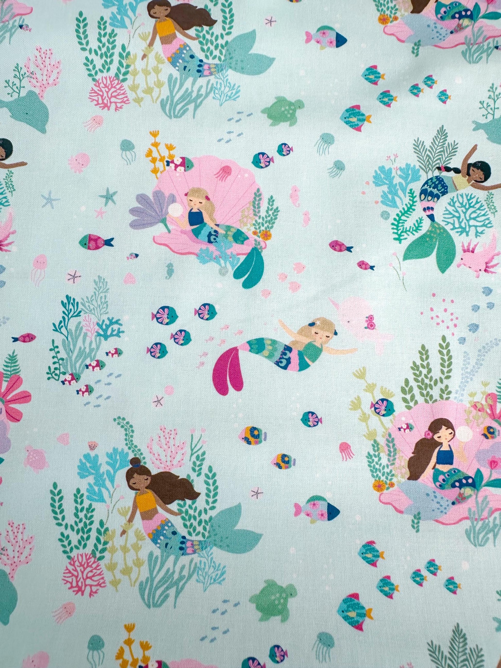 Mermaid For Each Other Fabric - 100% Cotton Ocean/Sea Creatures/Mermaid Print by Dear Stella - Capri/Light Blue Backdrop
