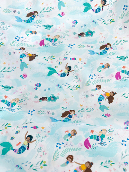 Free Flow Fabric - 100% Cotton Ocean/Sea Creatures/Mermaid Print by Dear Stella - White Backdrop - Fabric By The Yard