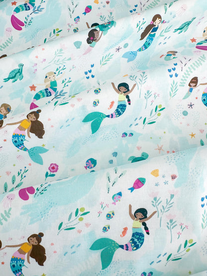 Free Flow Fabric - 100% Cotton Ocean/Sea Creatures/Mermaid Print by Dear Stella - White Backdrop - Fabric By The Yard