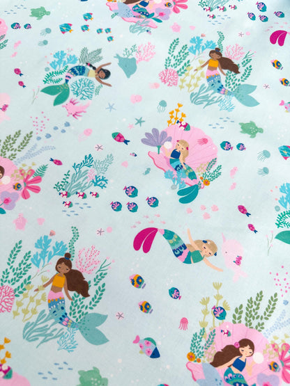 Mermaid For Each Other Fabric - 100% Cotton Ocean/Sea Creatures/Mermaid Print by Dear Stella - Capri/Light Blue Backdrop