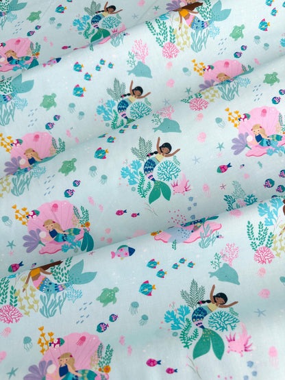 Mermaid For Each Other Fabric - 100% Cotton Ocean/Sea Creatures/Mermaid Print by Dear Stella - Capri/Light Blue Backdrop