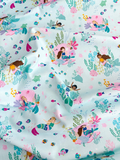 Mermaid For Each Other Fabric - 100% Cotton Ocean/Sea Creatures/Mermaid Print by Dear Stella - Capri/Light Blue Backdrop