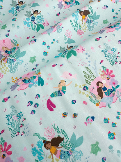 Mermaid For Each Other Fabric - 100% Cotton Ocean/Sea Creatures/Mermaid Print by Dear Stella - Capri/Light Blue Backdrop