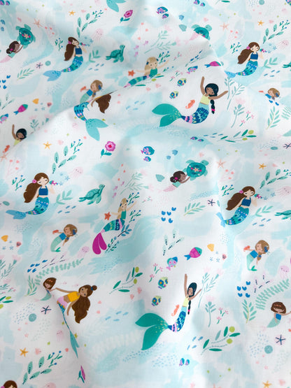Free Flow Fabric - 100% Cotton Ocean/Sea Creatures/Mermaid Print by Dear Stella - White Backdrop - Fabric By The Yard