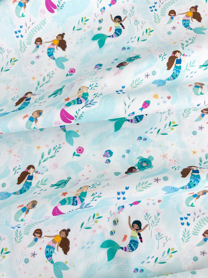 Free Flow Fabric - 100% Cotton Ocean/Sea Creatures/Mermaid Print by Dear Stella - White Backdrop - Fabric By The Yard