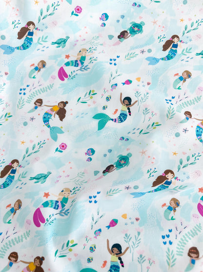 Free Flow Fabric - 100% Cotton Ocean/Sea Creatures/Mermaid Print by Dear Stella - White Backdrop - Fabric By The Yard