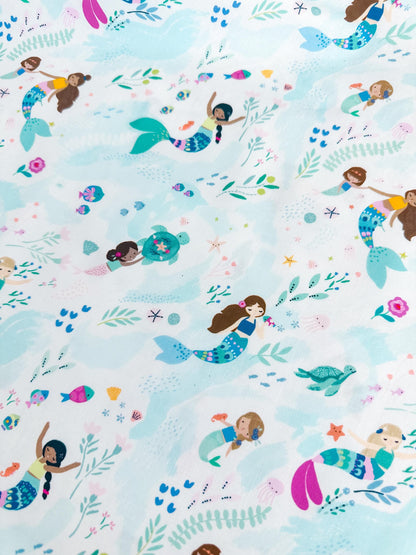 Free Flow Fabric - 100% Cotton Ocean/Sea Creatures/Mermaid Print by Dear Stella - White Backdrop - Fabric By The Yard
