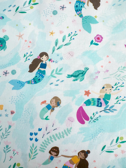 Free Flow Fabric - 100% Cotton Ocean/Sea Creatures/Mermaid Print by Dear Stella - White Backdrop - Fabric By The Yard