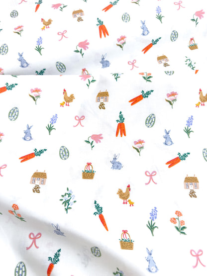 Rifle Paper Co. Easter Basket Fabric In Cream, Easter Collection, Cotton Yardage, Carrots, Bunnies on the farm