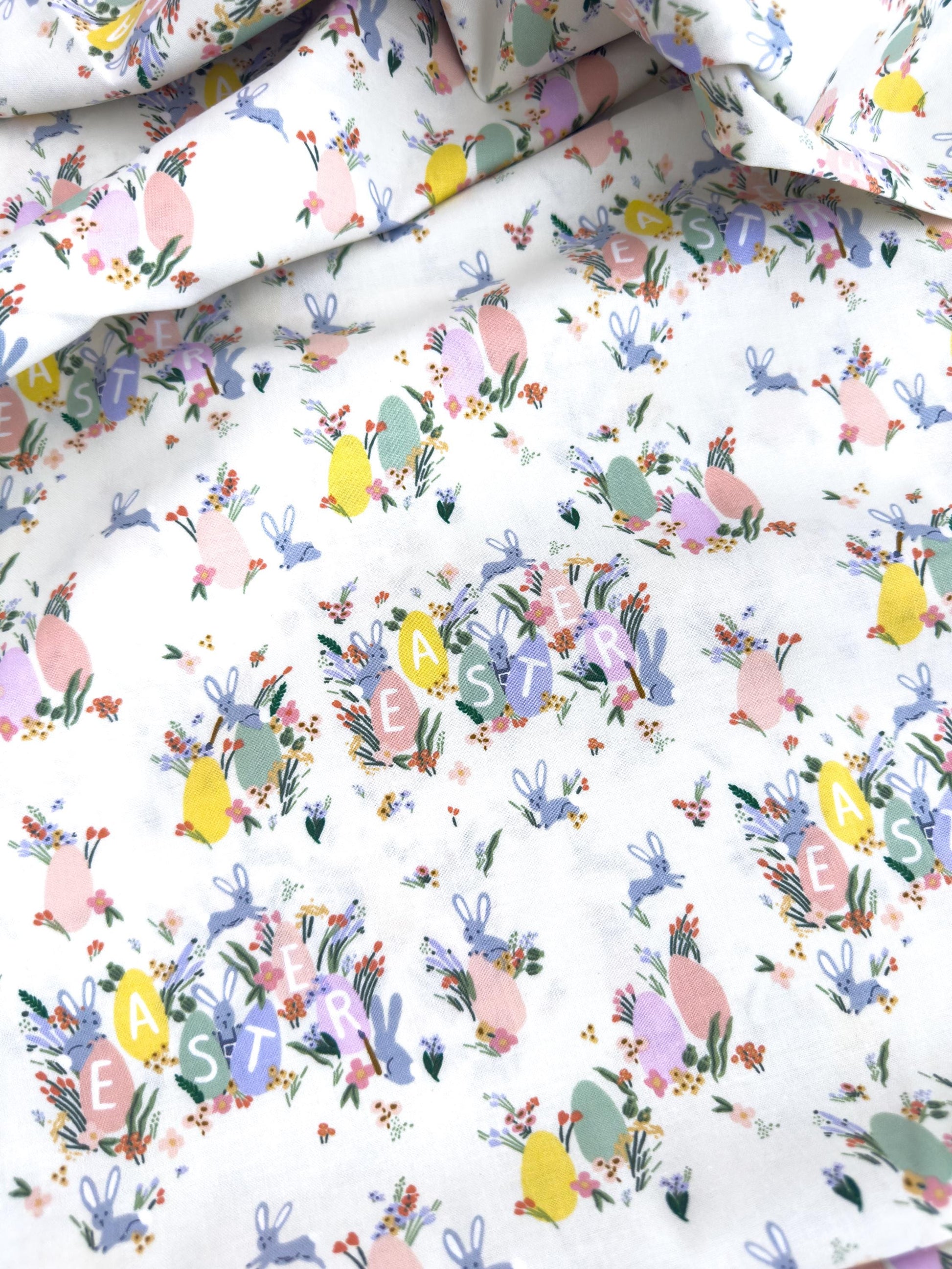 Rifle Paper Co. Hoppy Easter Fabric In Cream, Easter Collection, Cotton Yardage, Carrots, Floral Bunnies And Eggs Pattern
